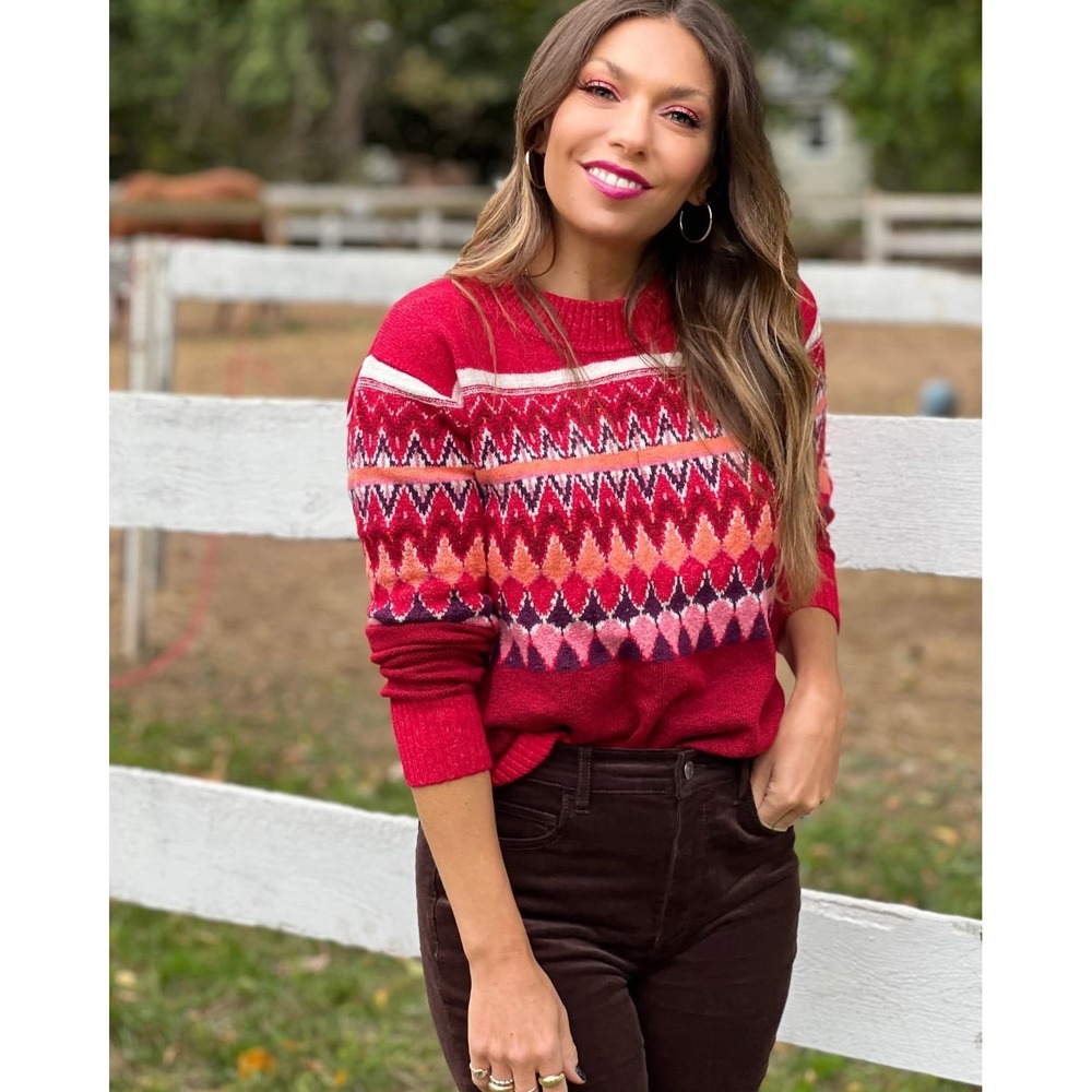 NEW LOFT Red White Fair Isle Geometric Artsy Crewneck Sweater Size Medium